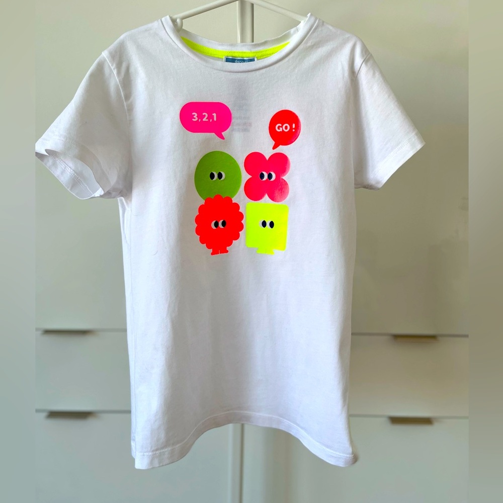 Jacadi White Tee with Neon Pink, Neon Yellow & Lime Green Graphic